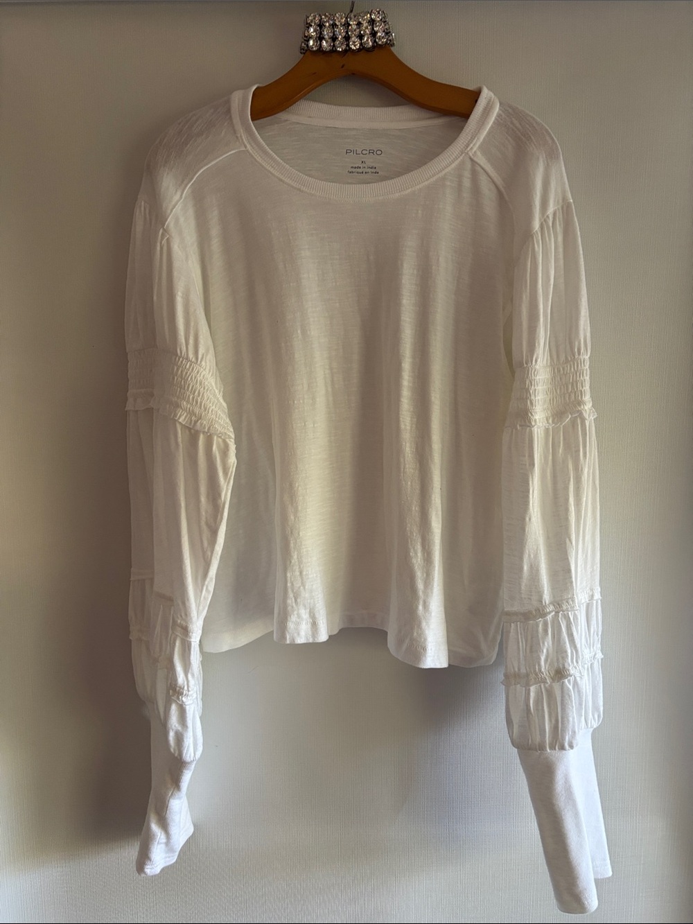 Pilcro White Long-Sleeve Smocked Puff Sleeve Tee